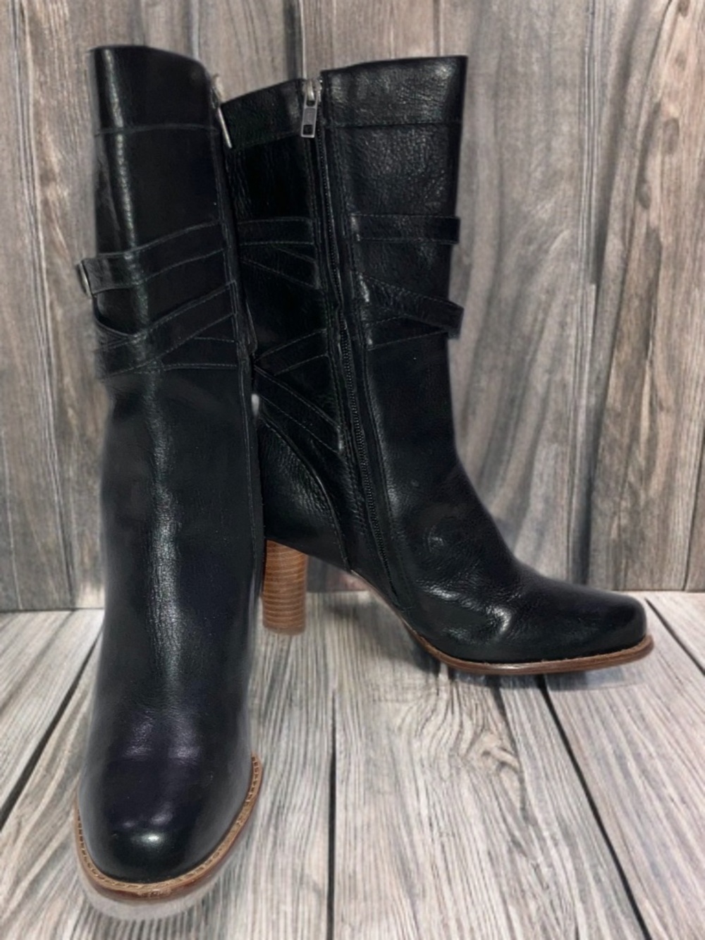 Ugg Caroline 2424 Black Pebbled Leather Mid Calf Zip Buckle High Heel Boot 8.5